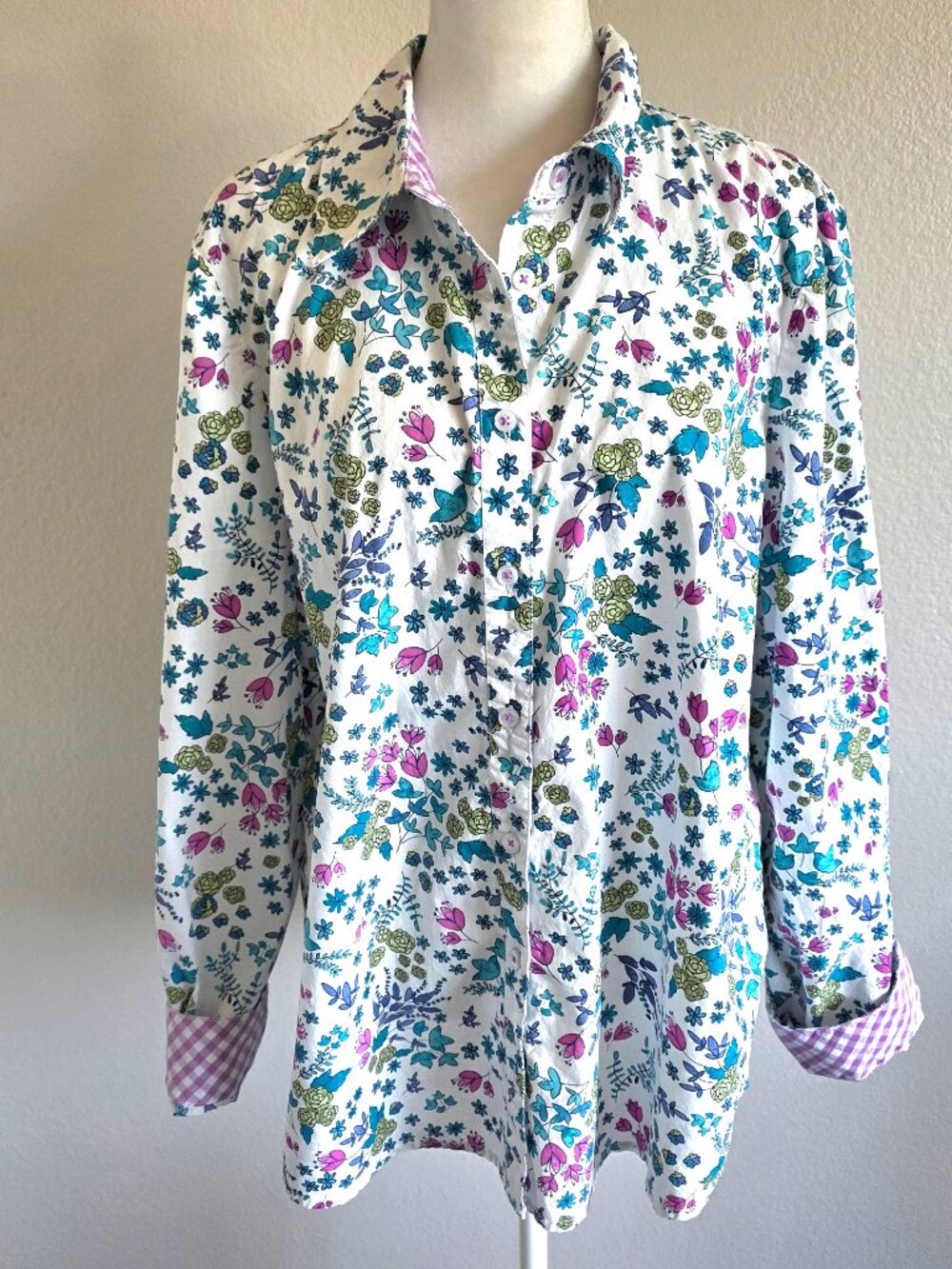 Appleseed's Limited Edition Button Shirt Floral Gingham Cotton Plus Size 18